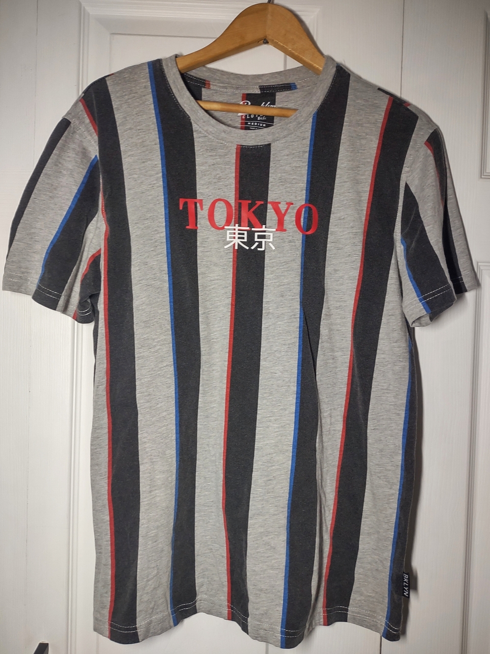 TOKYO Y2K Men's Striped Grey Tee with Red, Black & Blue Details| Medium